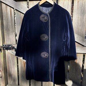Vintage Velvet Women's Coat Blue with Cord Trim